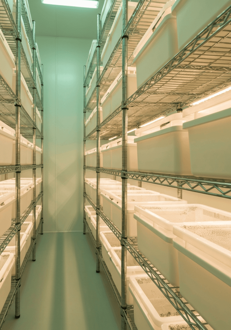 Indoor cricket habitat — stacked trays on metal shelving under LED lights