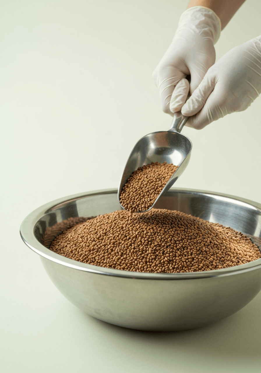 Gloved hands scooping harvested protein into a stainless steel bowl