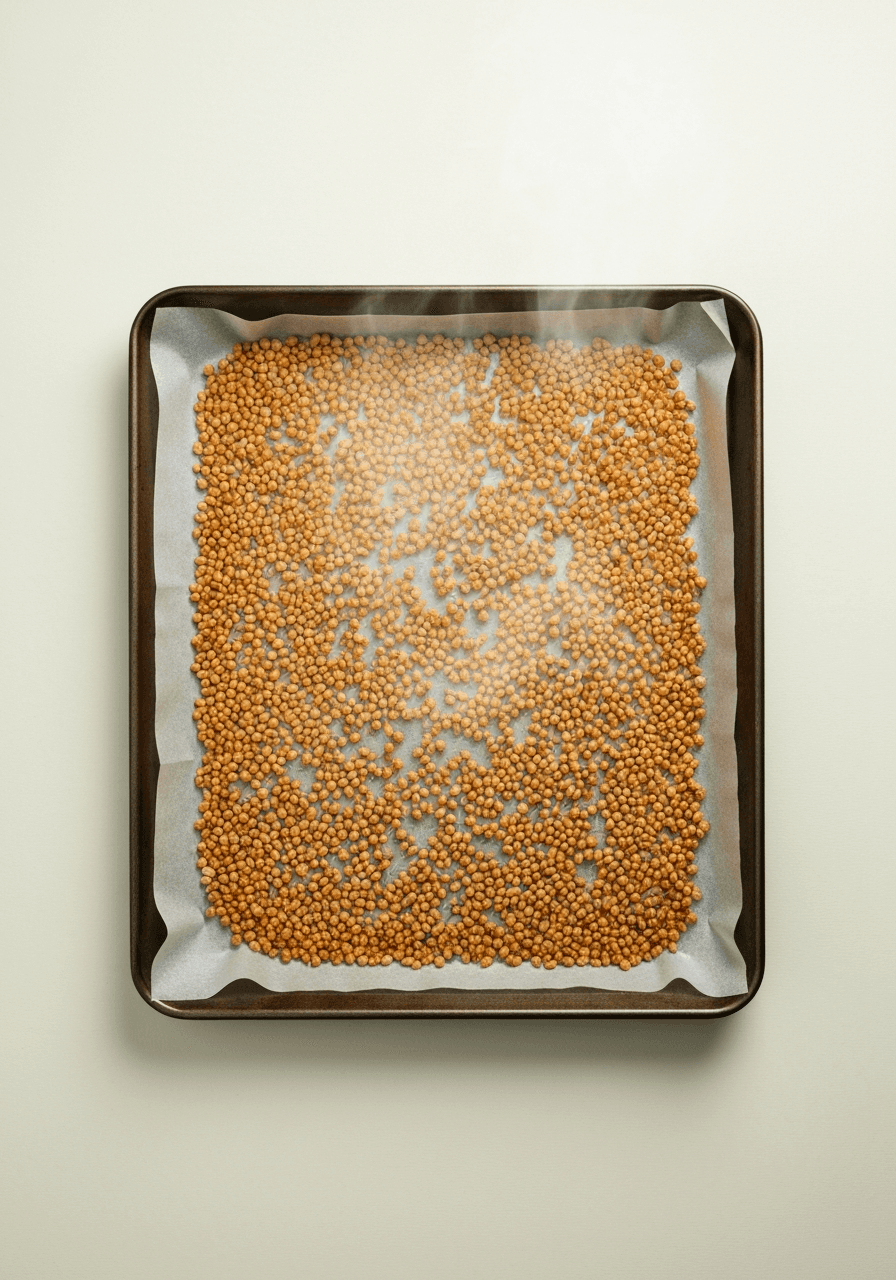 Golden-brown roasted granules spread on a parchment-lined baking tray