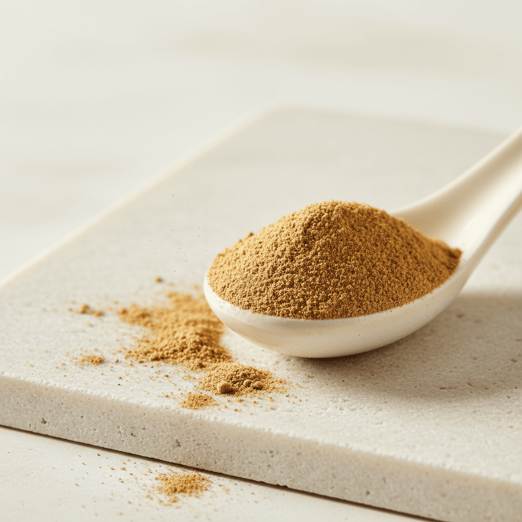 Fine golden cricket protein powder on a ceramic spoon