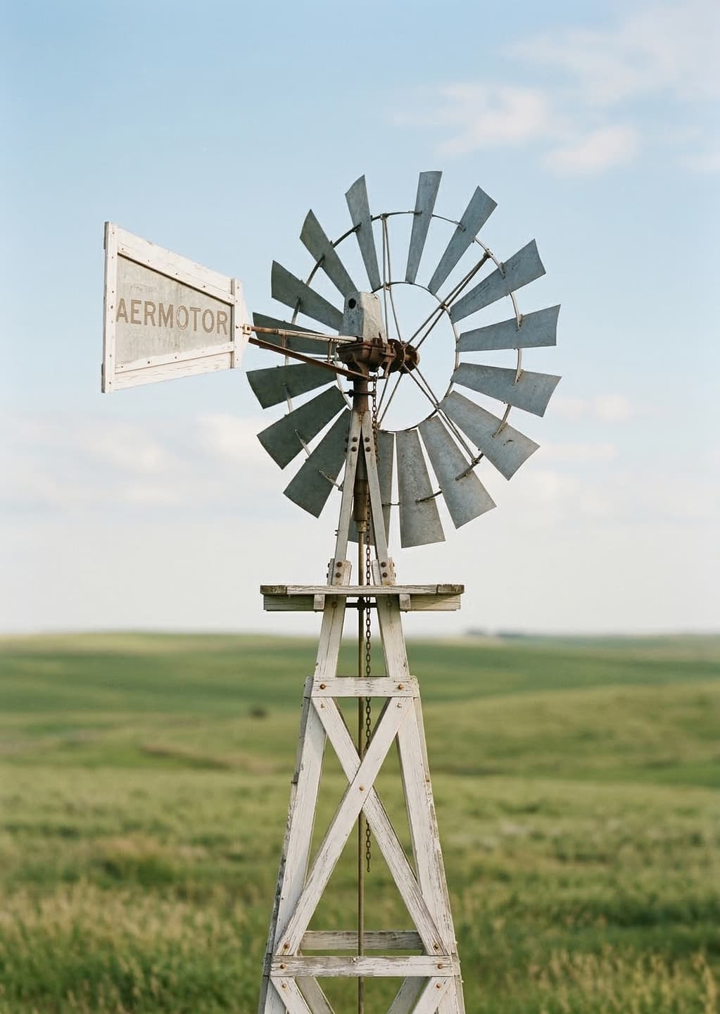Vintage windmill in a green field