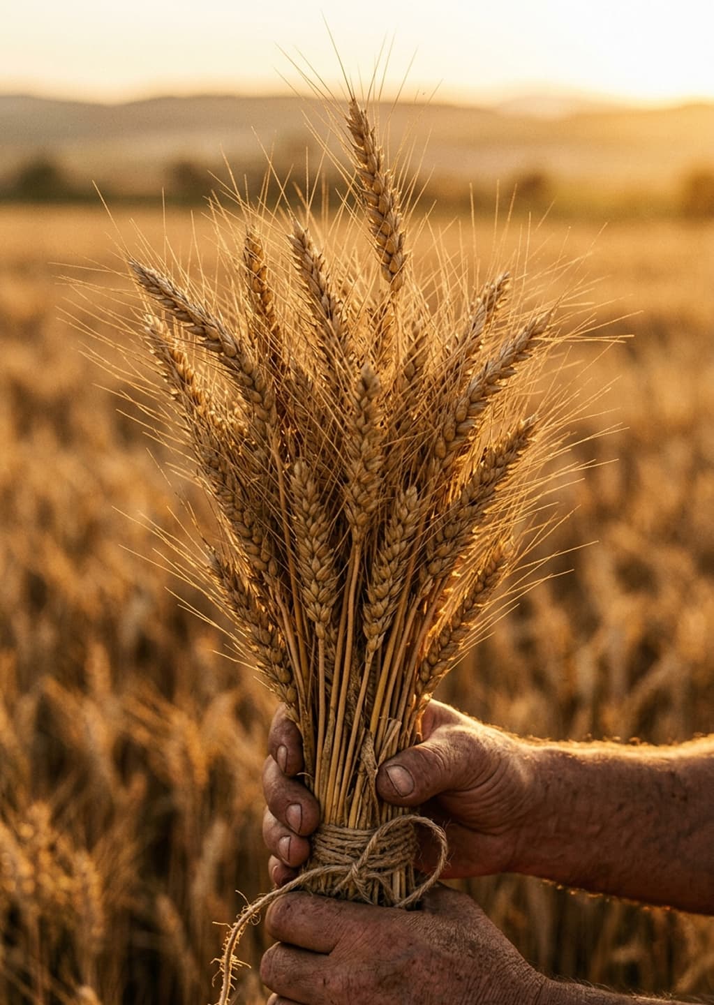 Hands holding golden wheat bundle