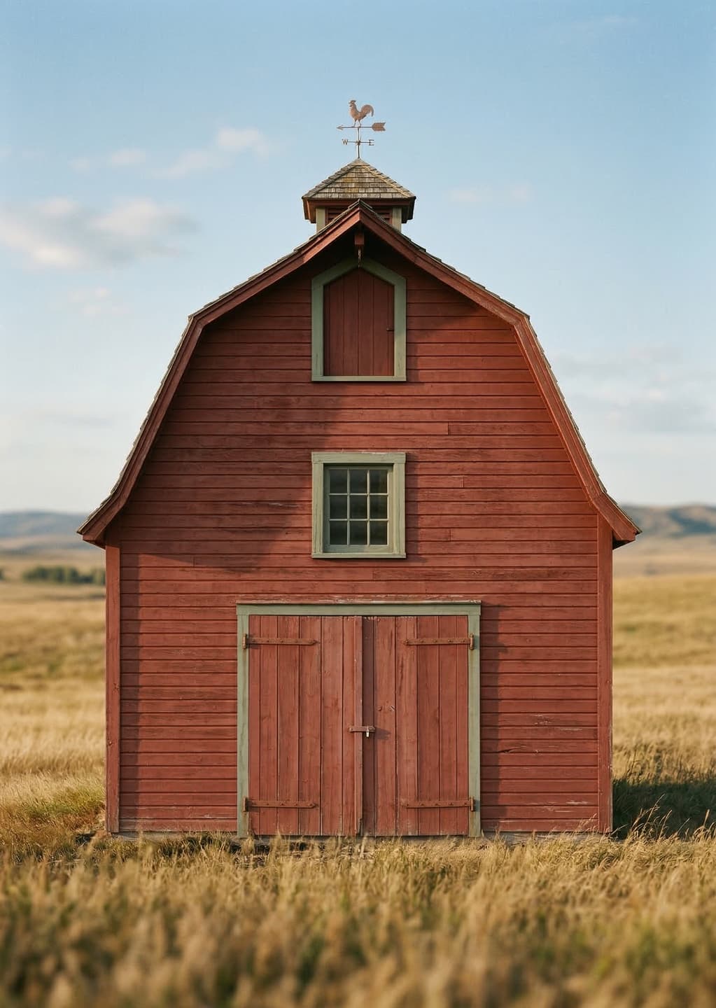 Red barn in prairie landscape