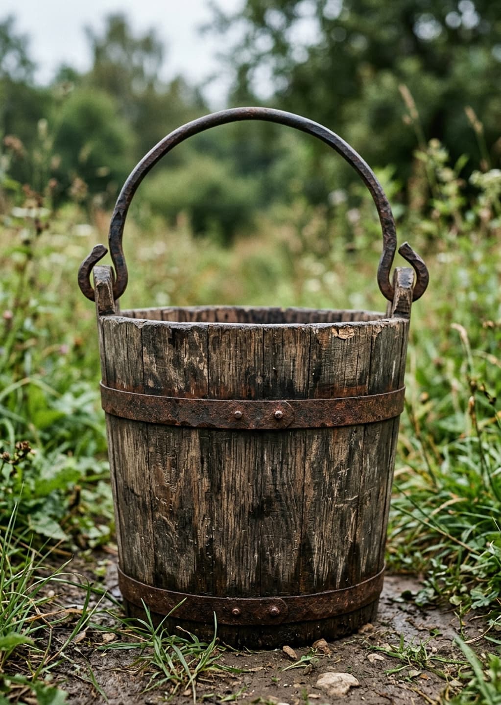 Weathered wooden bucket outdoors